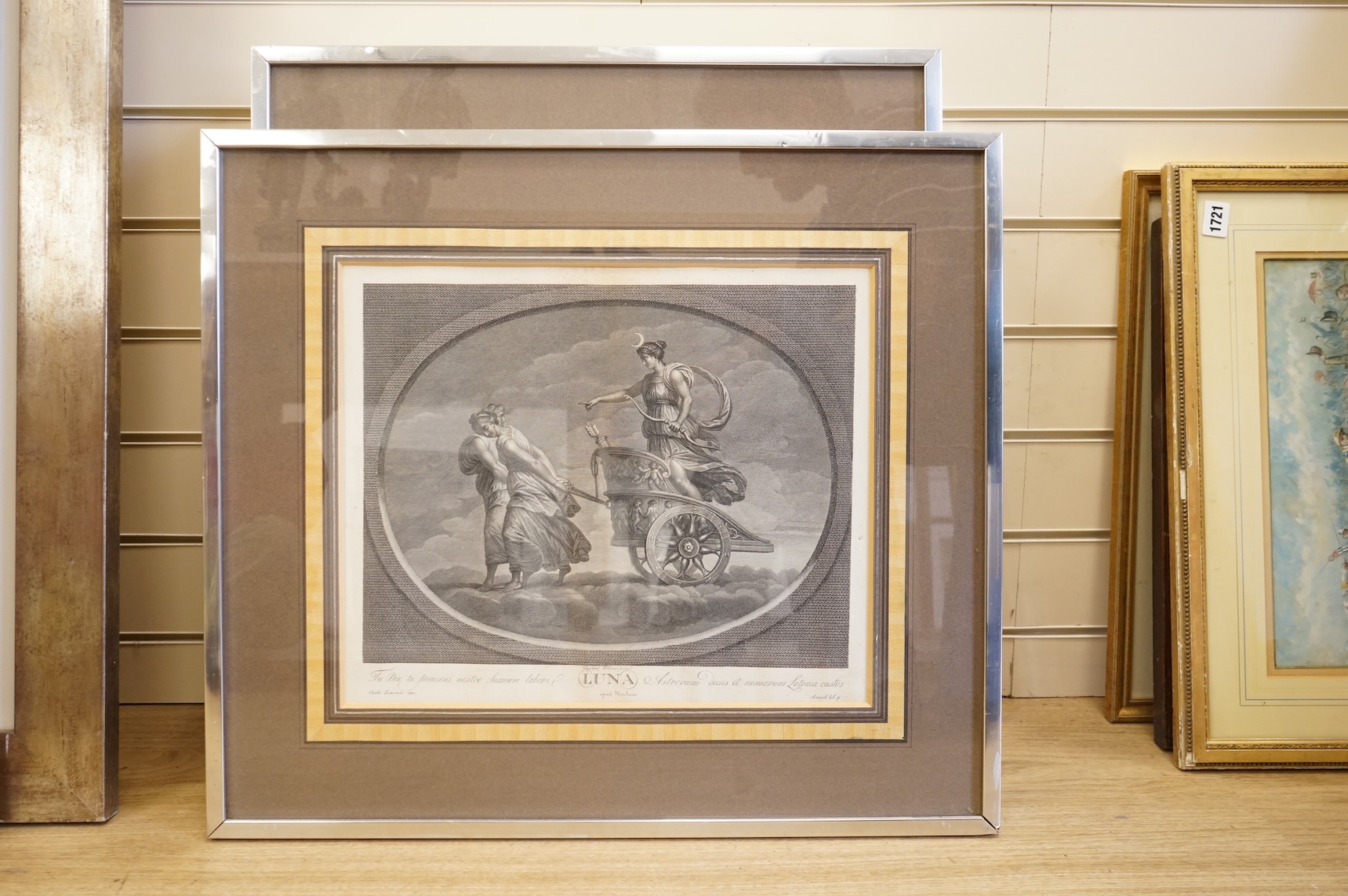 After Carlo Lasinio (Italian, 1759-1838), Roman gods to include, ‘Lunar’, ‘Jupiter’ and ‘Venus’, a set of seven engravings, each 23 x 40cm